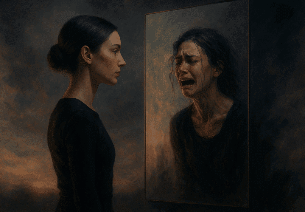 Schattenarbeit 

a woman looking at a mirror with a crying face